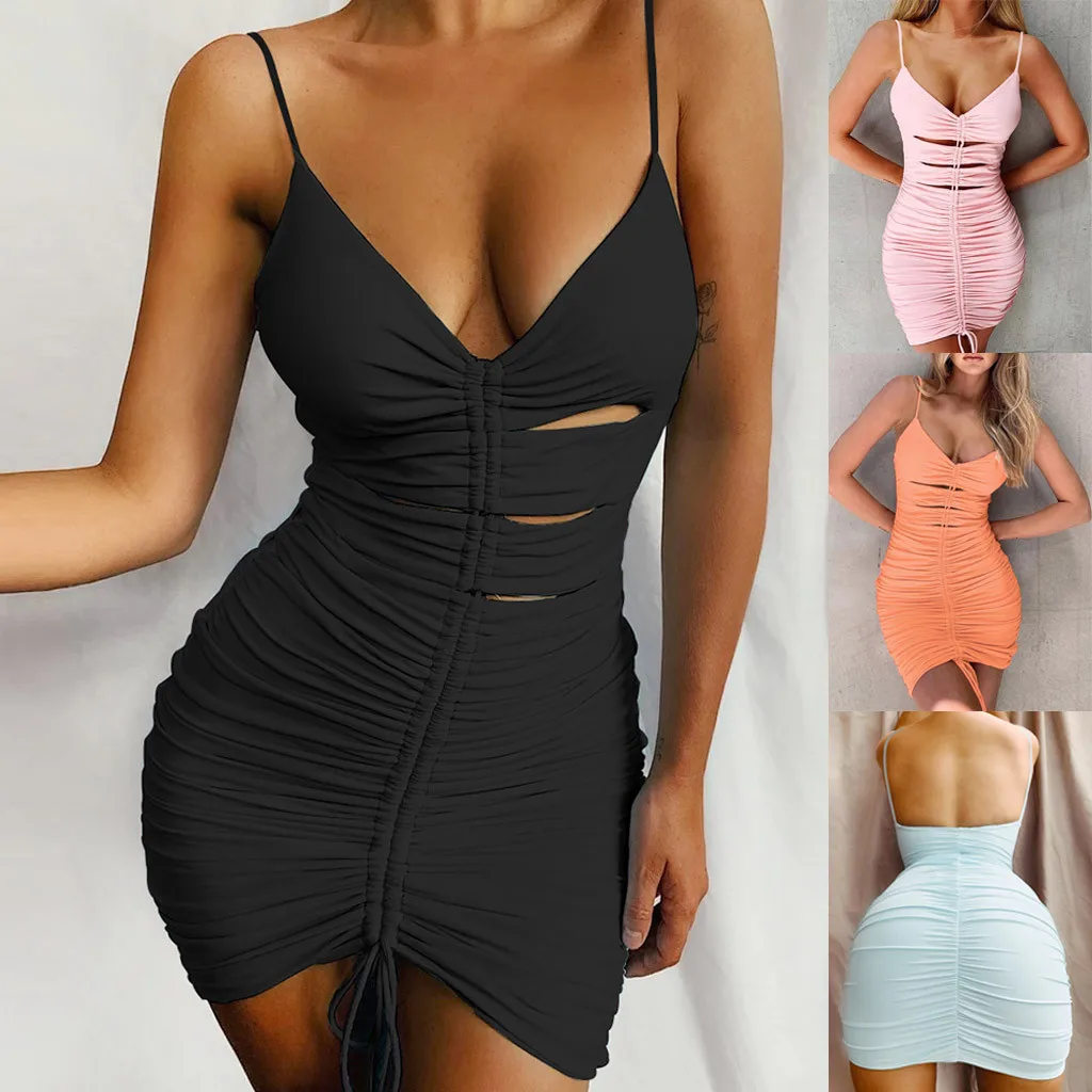 

2021 Women Summer Mini Bodycon Dress V Neck Sleeveless Sexy Hollow Out Backless Club Party Drawstring Bandage Lady Mini Dress