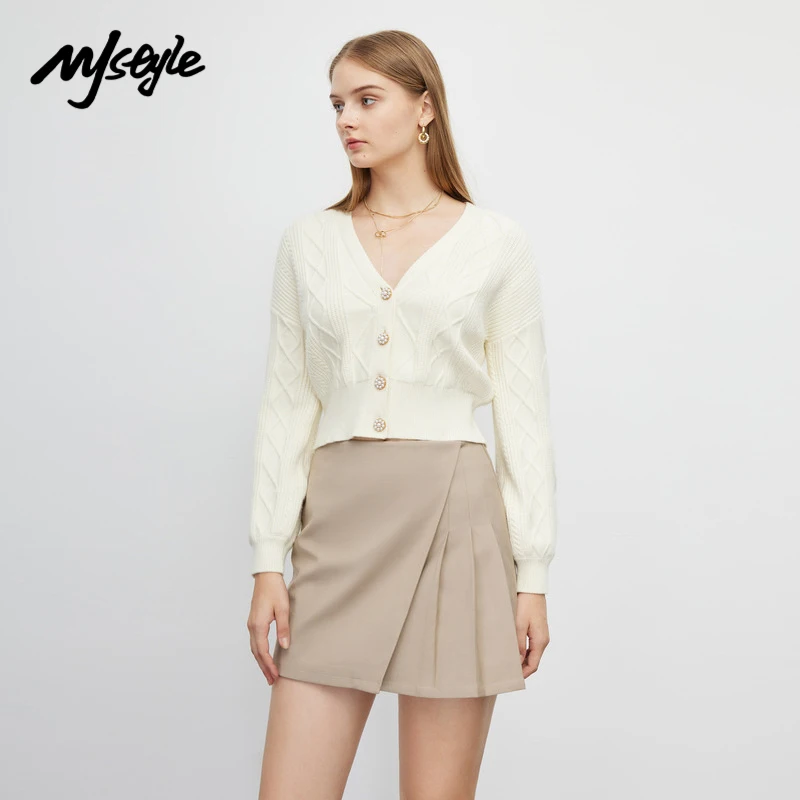 

MJstyle 2021, зимний элегантный короткий вязаный кардиган для девочек и женщин, свитер с жемчужными пуговицами, трикотажная одежда, женский свите...