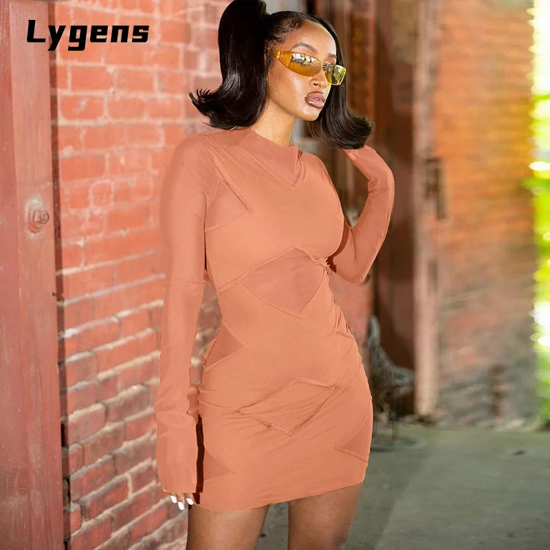 

Lygens 2021 Summer Women bandage Long Sleeve Patchwork See Through Mini Dress Bodycon Sexy Streetwear Party Club Clothes Y2K