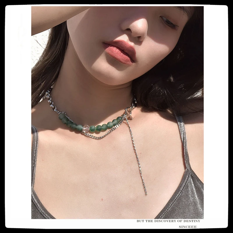 

SexMara 2021 New Punk Personality Jade Splicing Chain Double Layer OT Buckle Clavicle Chain Necklace For Men Women Girls Jewelry