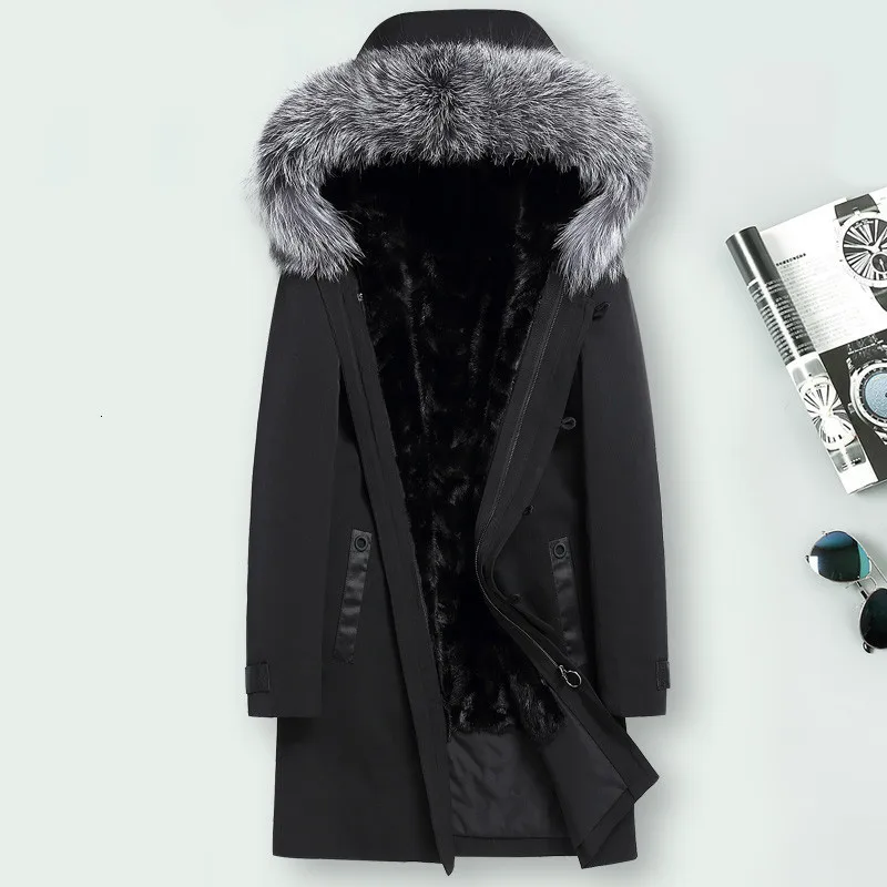 Натуральный мех пальто для мужчин норки на подкладке Лисий меховой воротник
