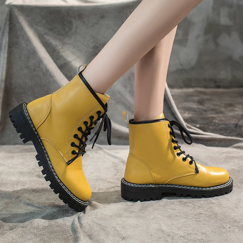 

Yellow Black Combat Boots Women Fashion Leather Boots 2020 New White Ankle Boots Women Shoes Casual Platform Lace Up Punk Boots