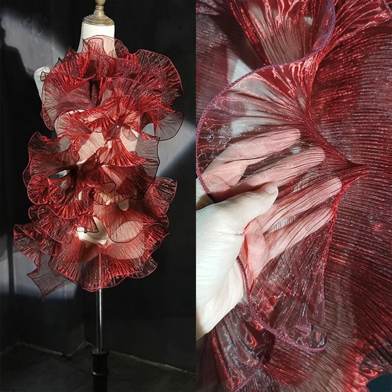 

Pleated Ruffle Lace Fabric Organza Wedding Dress Accessories Red 13cm Wide DIY Ribbons Crafts Needlework Sewing Supplies By Yard