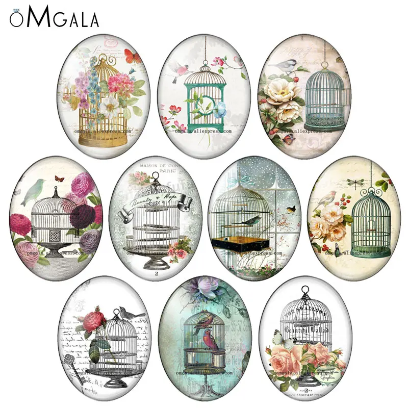 

Vintage Birdcage And Butterfly Flowers Art Paintings 13x18mm/18x25mm/30x40mm Oval photo glass cabochon flat back Making findings