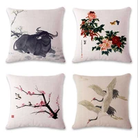 trendy 18 animal crane plant pillowcase chinese style home decorative throw sofa waist cotton linen cushion cover