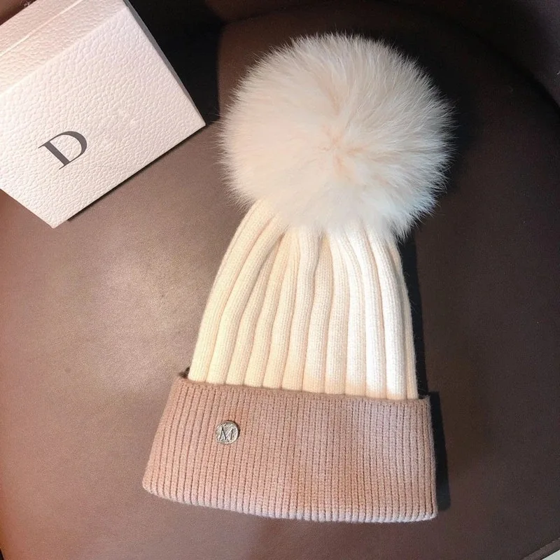 Женская вязаная шапка с меховым помпоном зимняя теплая шерстяная Шапка-бини |