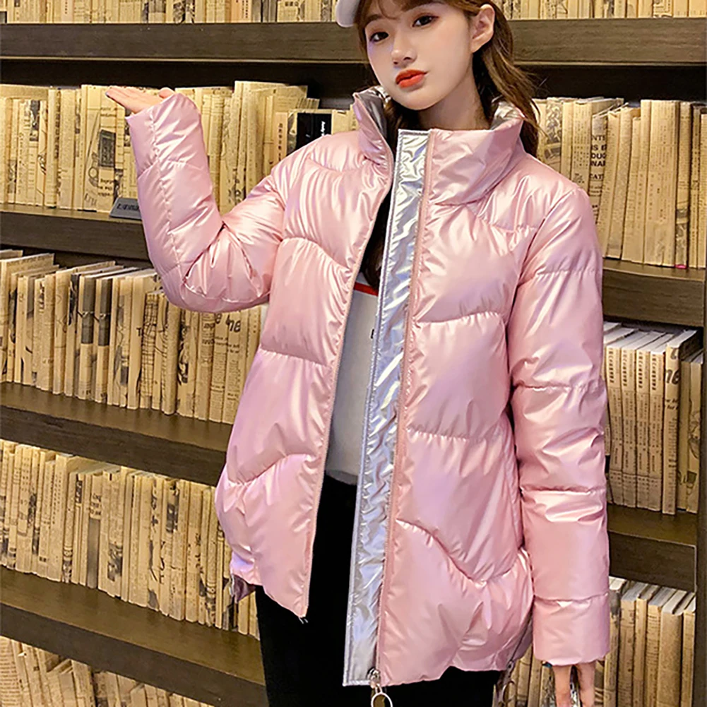 

Glossy, Warm Keeping, Zip Closure Fashion Women Autumn Winter Glossy Stand Collar Jacket Cotton Liner Down Coat hot sales!!!