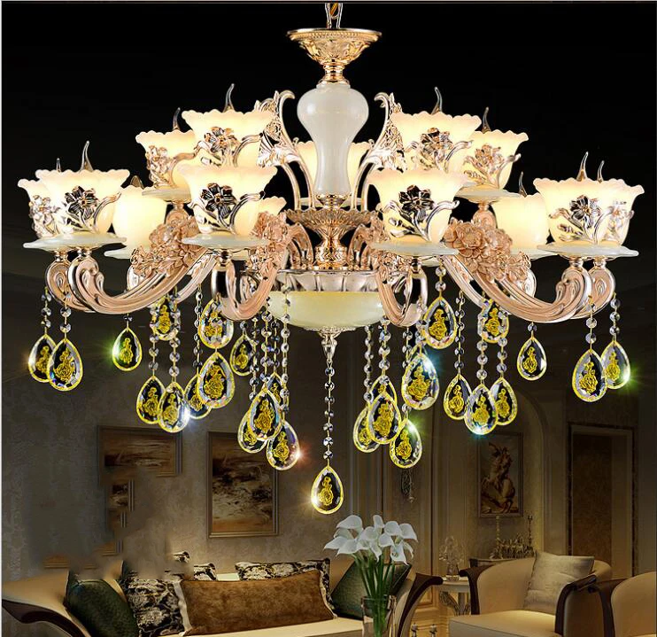 

GIRBAN Modern LED Chandelier Lighting Living Room Lobby Hotel Lights Zinc Alloy Lustre Jade Large K9 Gold Crystal LED Bulbs E14