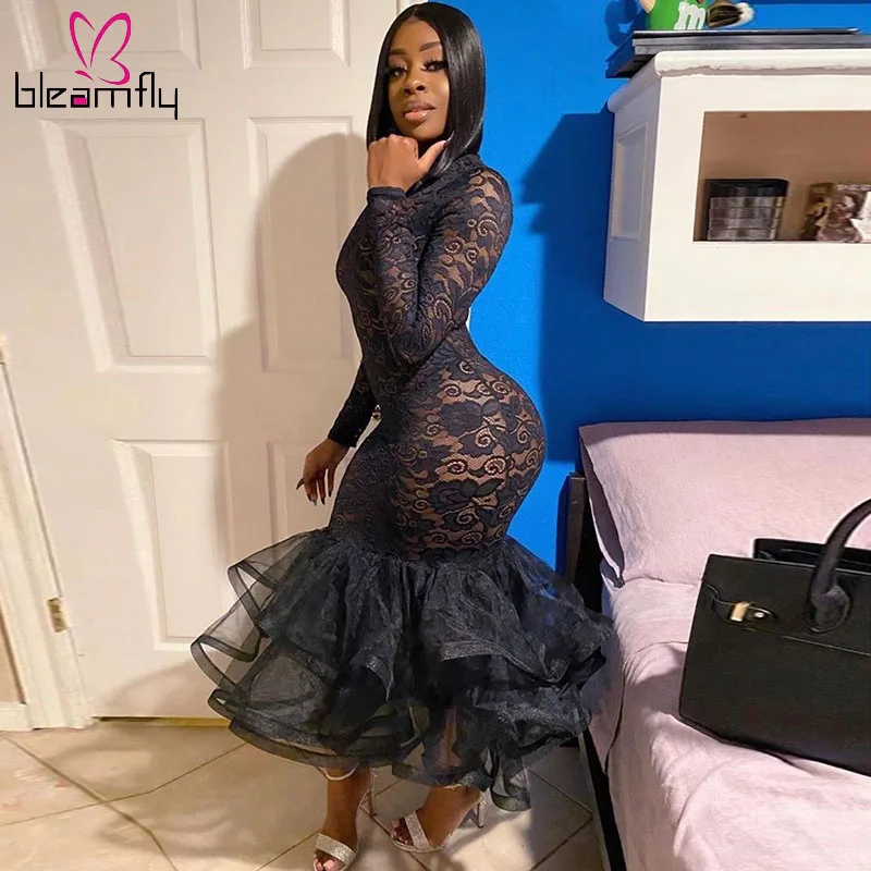 Women Spring Sexy Bodycon Lace Dress Long Sleeve Turtleneck Hollow Out Ruffles Mesh Dresses Night Club Party Elegant Vestidos | Женская