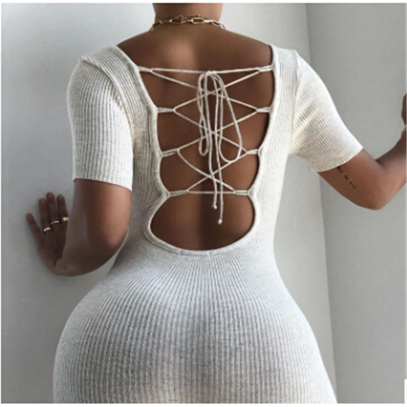 

New Women Knit Ribbed Lace Up Bodycon Playsuit Short Jumpsuit Sport Overall for Women Summer 2020 Short Sleeve Backless Rompers