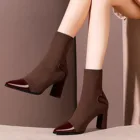 Ботинки-носки женские, вязаные, с острым носком, на квадратном каблуке, стрейчевые, 2021