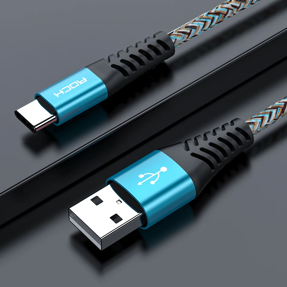 Синий ROCK USB 3A type-C кабель QC 3,0 Быстрая зарядка для Xiaomi Redmi Note 7 Дата-кабель для зарядки мобильного телефона для samsung S10 S9 S8 A50 - Цвет: Синий