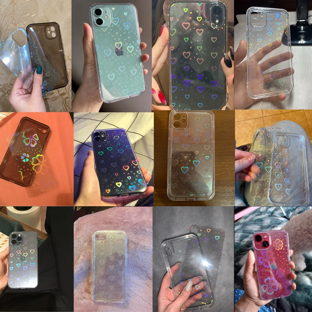 transparent case with hearts for iphone 13 11 12 pro max mini xr 7 8 plus xs soft colorful laser cover holographic flower cases free global shipping