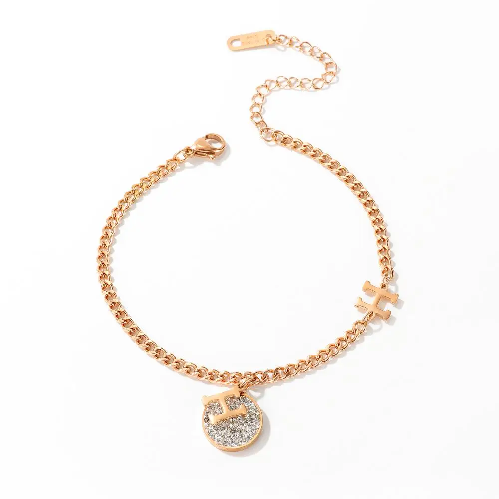 

New Charm Wrist Chain Titanium Steel Bracelet Rhinestone Inlaid Letter H Small Tag Fashion Chain Bracelets Femme Jewelry