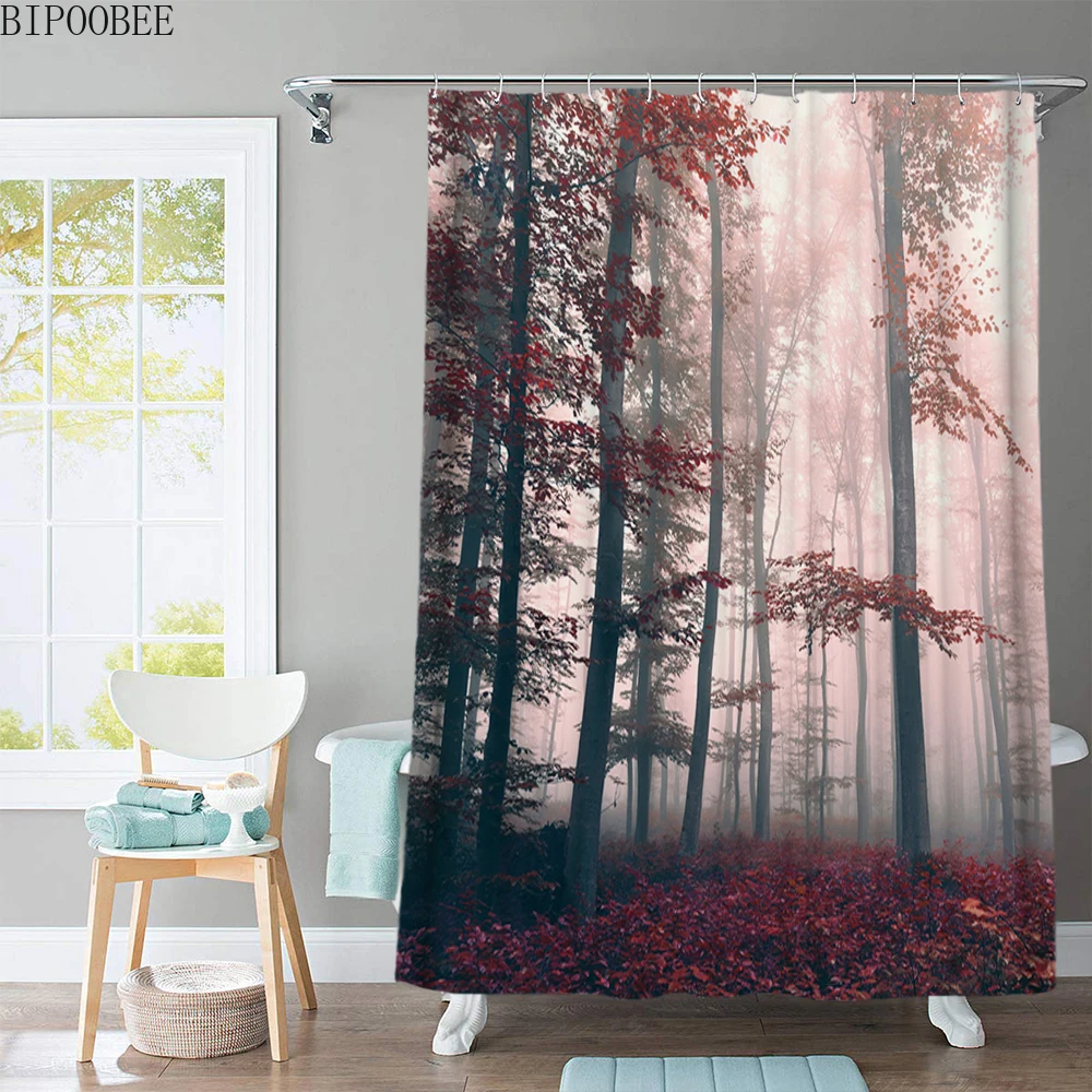 Лесные деревья растения занавески для ванной комнаты душа с природным пейзажем