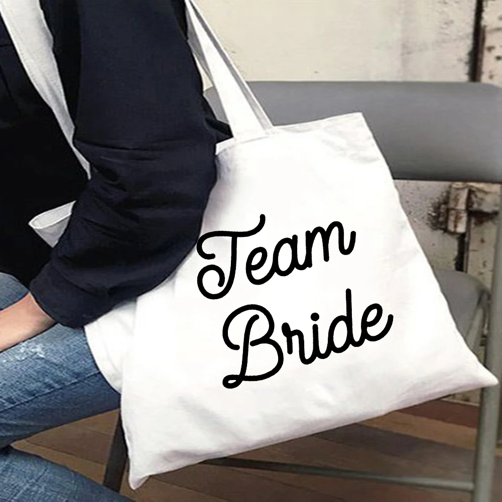 

Team Bride Printing Casual Shopping Bag Bride Wedding Gift Canvas Zipper Shoulder Bags Bachelorette Party White Handbag Eco Tote