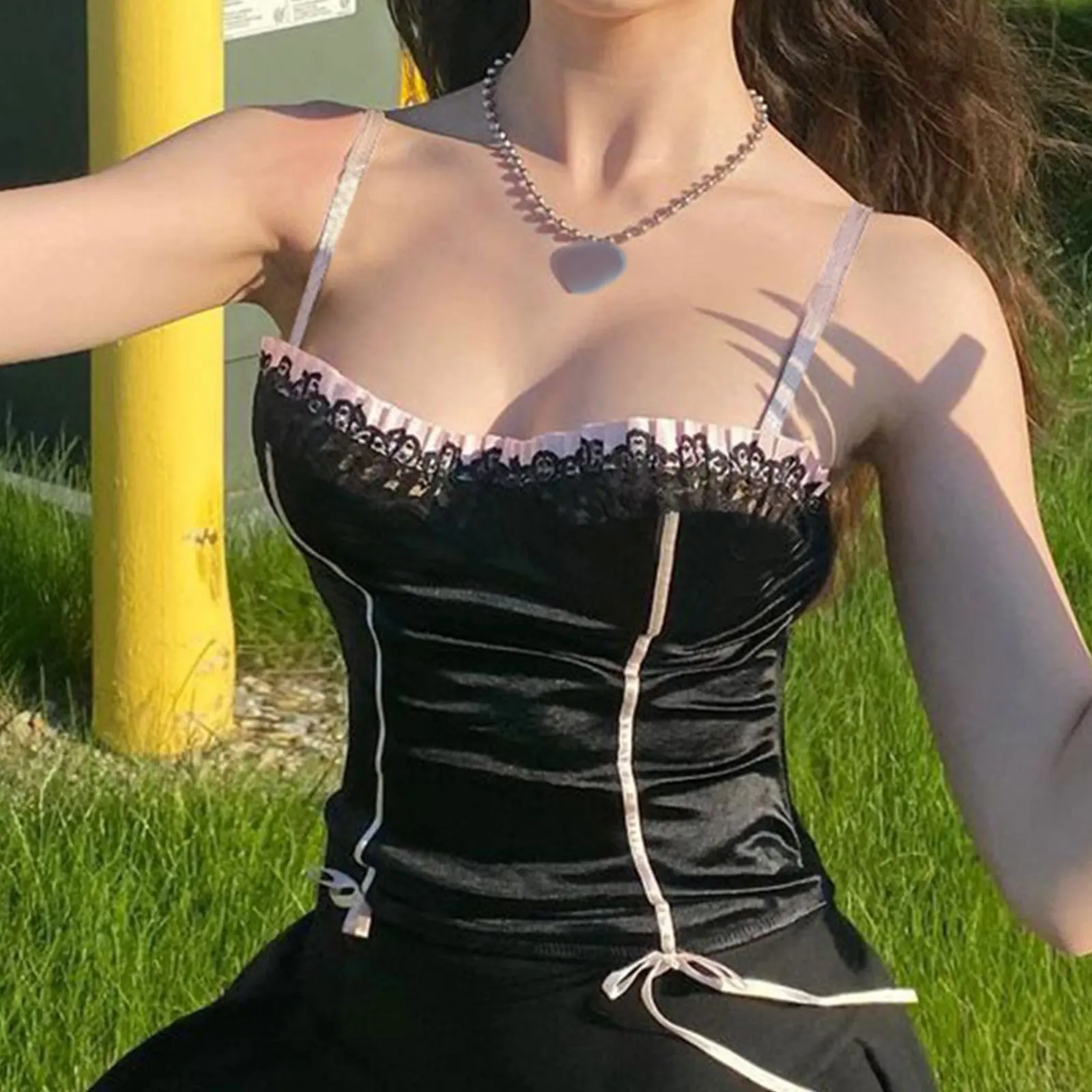 

Sexy Lace Trim Crop Top Women Summer 2021 Tops E Girl Slim Gothic Dark Camis Bowknot Vest Fairy Grunge Y2K Aesthetic Clubwear