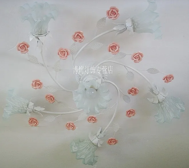 

European-style garden living room Romantic Restaurants white wrought iron pink ceramic flowers glass lampshade Ceiling Lamp c131