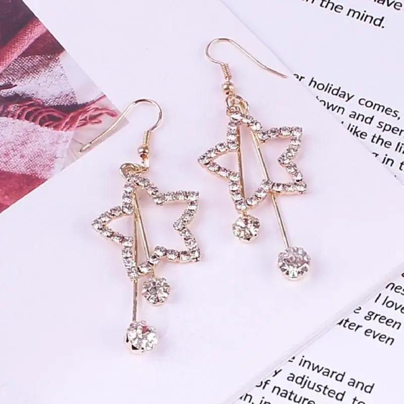 Женские серьги подвески с полой звездой длинные кисточками изысканные стразы