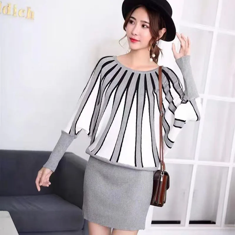 

Elegant Intellectual Stitching Knitted Dress Women Long Sleeve O-Neck Button Pullover Sweater Dress Female Short Dress