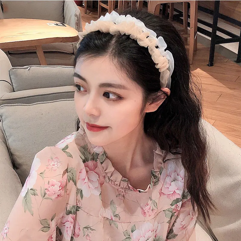 

New Women Simple Wild Fold Lace Hairband Super Fairy Solid Color Organza Headband For Girls Turban Sweet Korean Hair Accessories