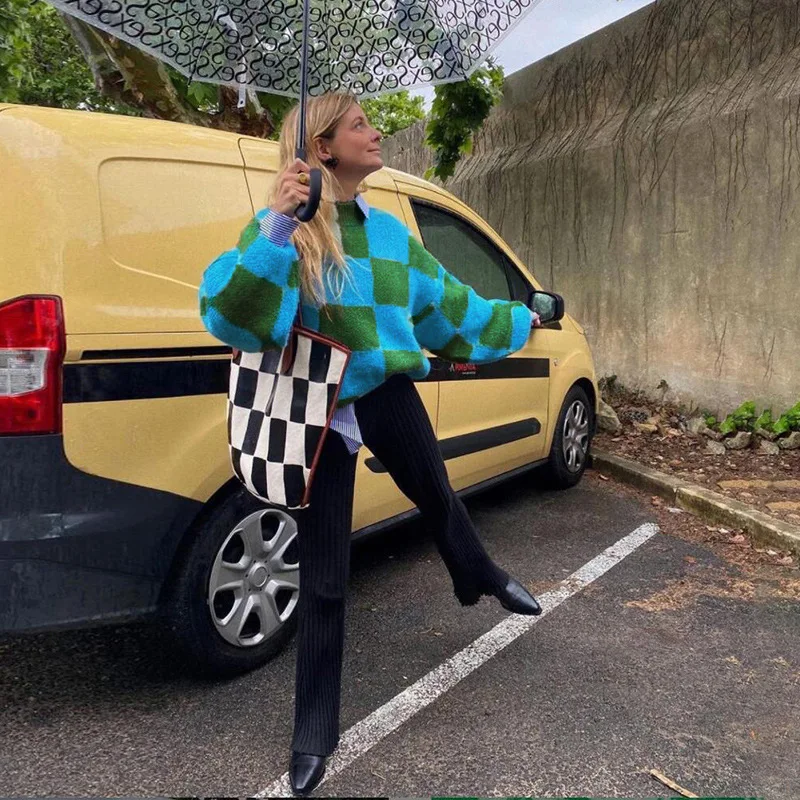 

Casual O Neck Pullovers Sweater Jumpers Women Long Sleeve Oversized Loose Plaid 2021 Autumn Sweater Tops Y2K Winter