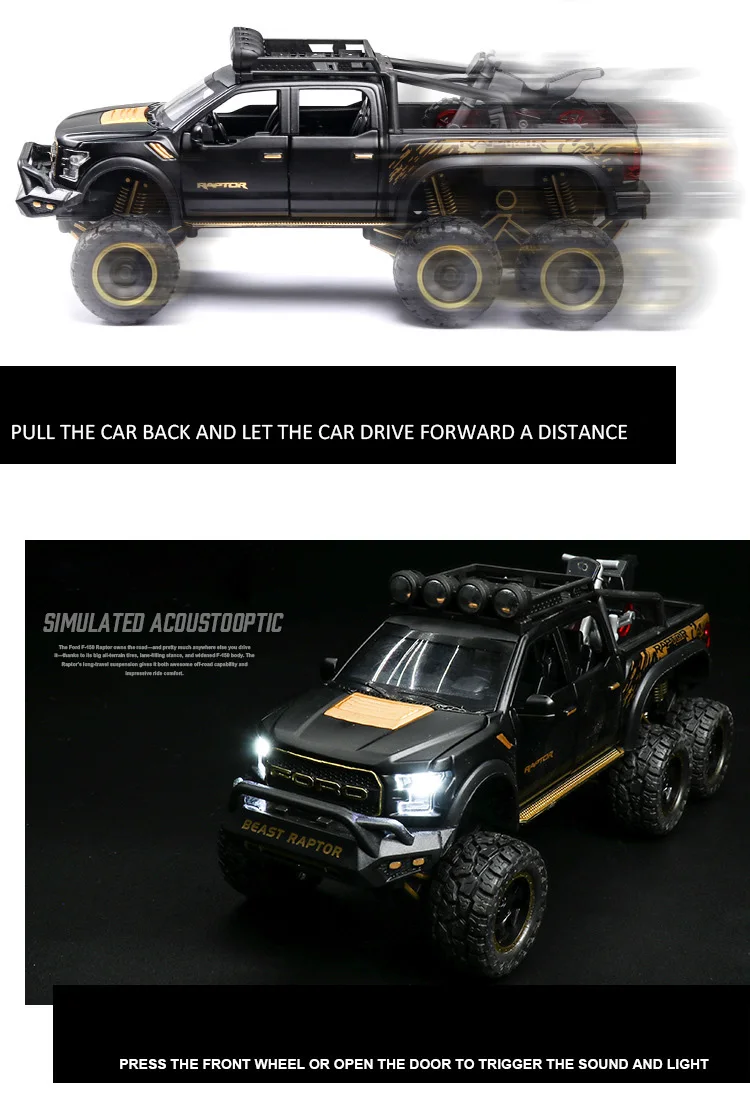 Hot 1:28 scale wheels Ford F150 Raptor metal model with light and sound Pickup truck diecast car pull back alloy toy collection