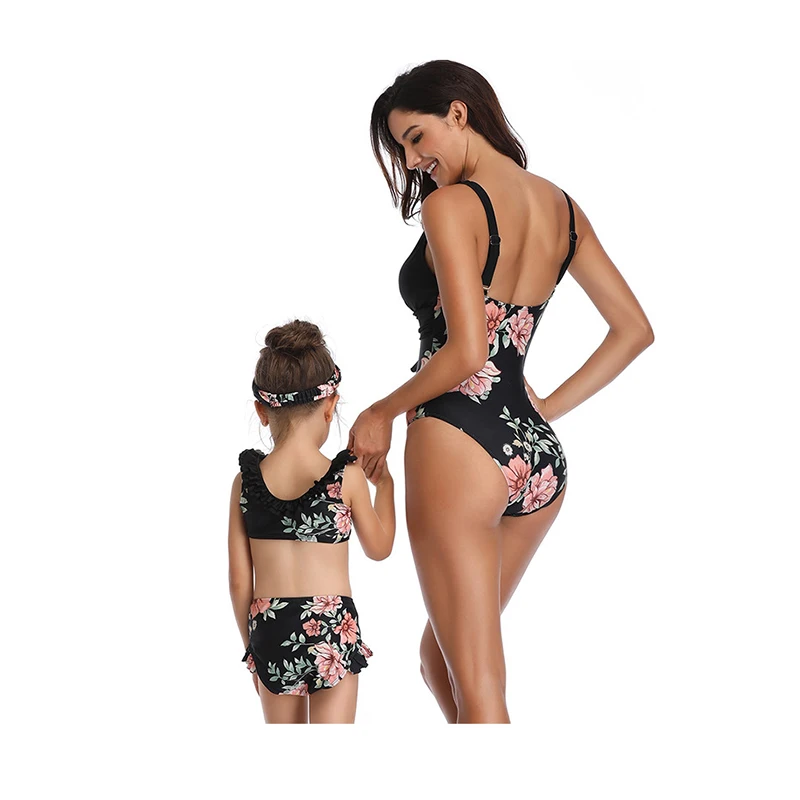 

Black Bodysuit Sexy Women Swimsuit Female Bandage High Cut Monokini Matching Family Swimming Suit Daughter Mom Micro Bikini Set