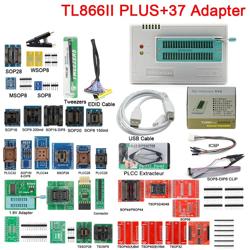 2021 новейший V10.8 TL866II Plus универсальный программатор nand flash AVR PIC Bios USB с 37 шт.