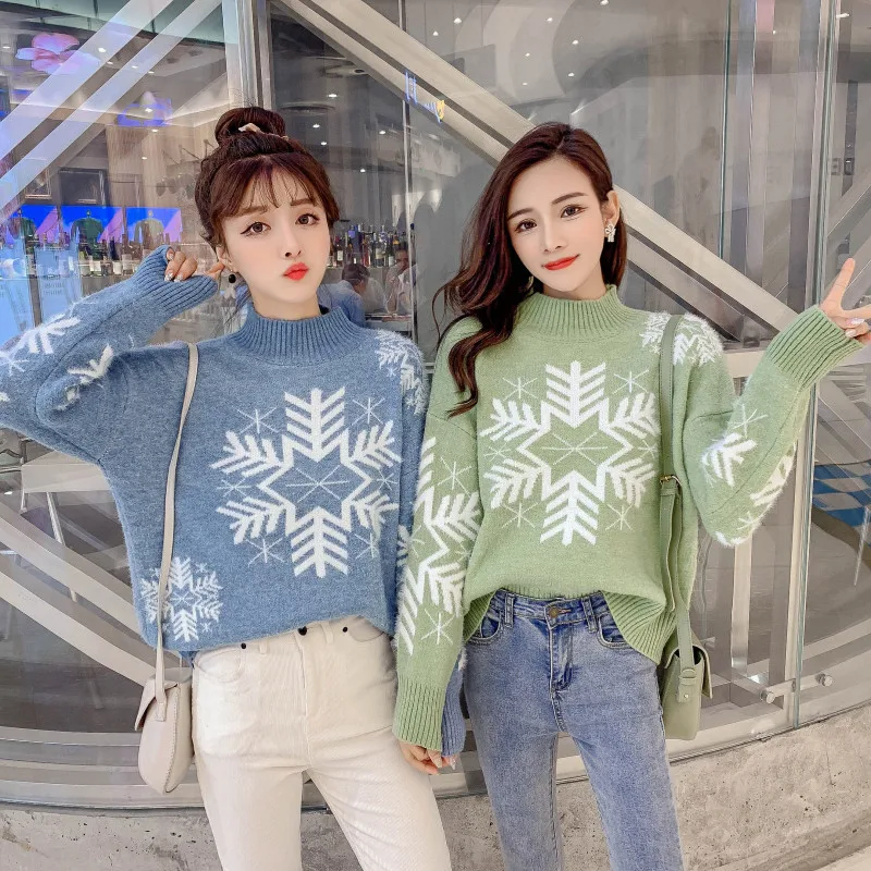 

Christmas half turtleneck sweater women loose pullover sweater new autumn and winter Christmas wind snowflake warm basic sweater