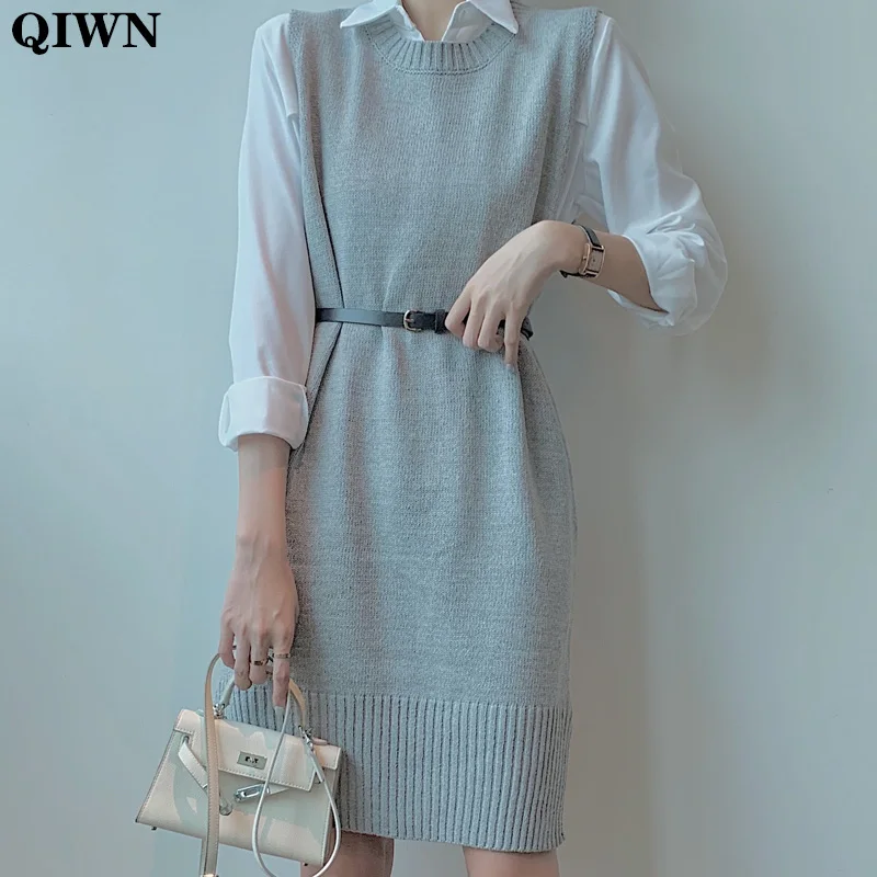 

New Autumn OL Office Sweater Dress Women Korean Sleeveless One-Piece Dress Woman Vintage Split Knitted Straight Dress With Belt