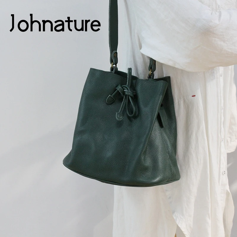 

Johnature Versatile Bucket Bag Genuine Leather Crossbody Bags For Women 2022 New Leisure Nature Cowhide Handbag Shoulder Bags