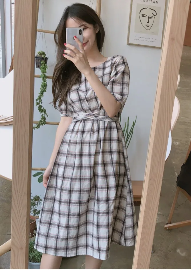 Платье женское летнее из хлопка и льна с коротким рукавом круглым