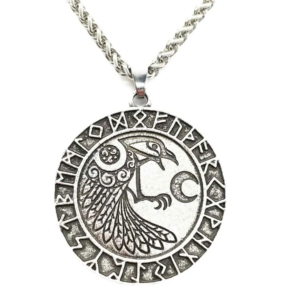 

Punk Odin Raven Runic Runes Amulet Wicca Pagan Moon Talisman Jewelery Viking Pendant Necklace Men Accessories