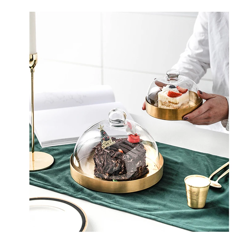 

New Europe Style Stainless Steel Cake Plate with Glass Cover Gold Color Desserts Fruits Plate Dustproof Fresh-Keeping Food Tray