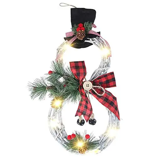 Corona de Navidad LED para puerta delantera, coronas artificiales de mu&ntilde;eco de nieve con cadena de luces LED, arco de pino, decoraci&oacute;n de patio-5