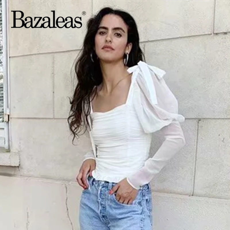 Bazaleas/Винтажные Женские топы и блузки с квадратным воротником и бантом; блузка в стиле ретро с оборками; модная блуза на молнии сзади; blusa feminina; Прямая