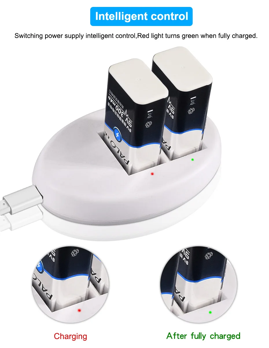 

PALO 9V Battery Charger for 9V 6F22 Lithium-ion Ni-MH Ni-Cd Battery EU Plug 9V USB charger