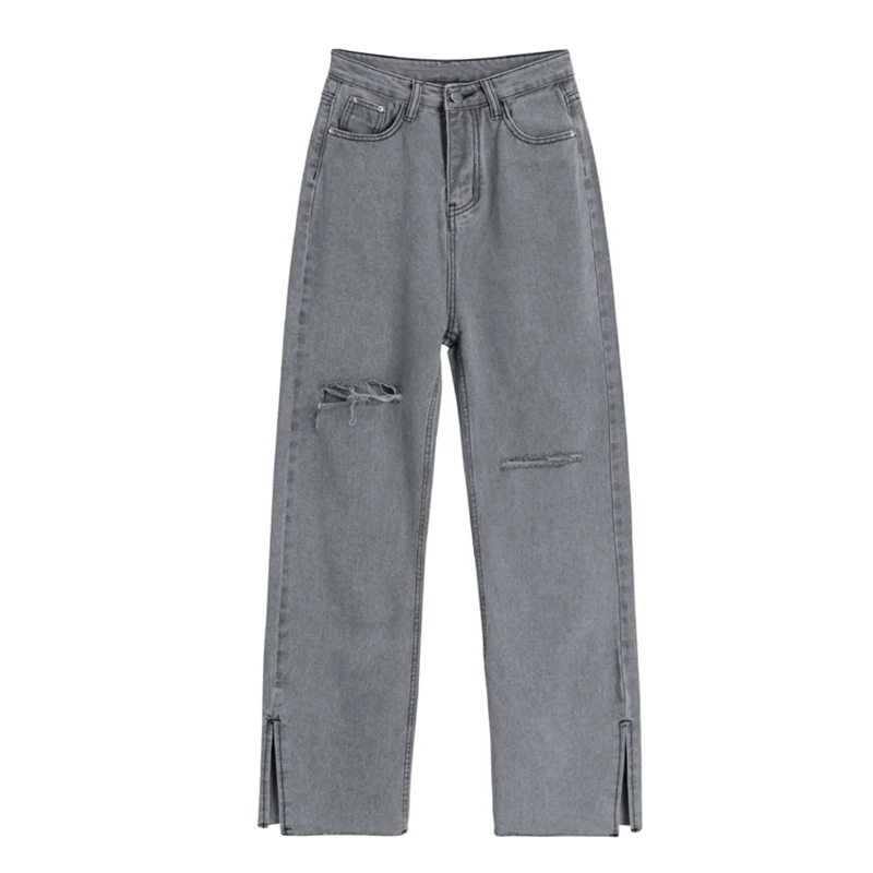 

New 2021 Summer Autumn Women Pants Jeans High Waist Straight Pockets Korean Fashion Ripped Denim Ankle-Length Trousers