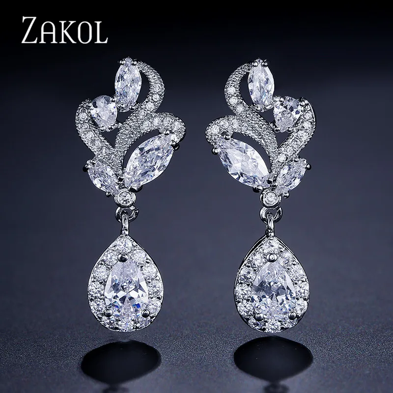 Модные серьги капельки ZAKOL с фианитом в виде маркиза изысканные свадебные