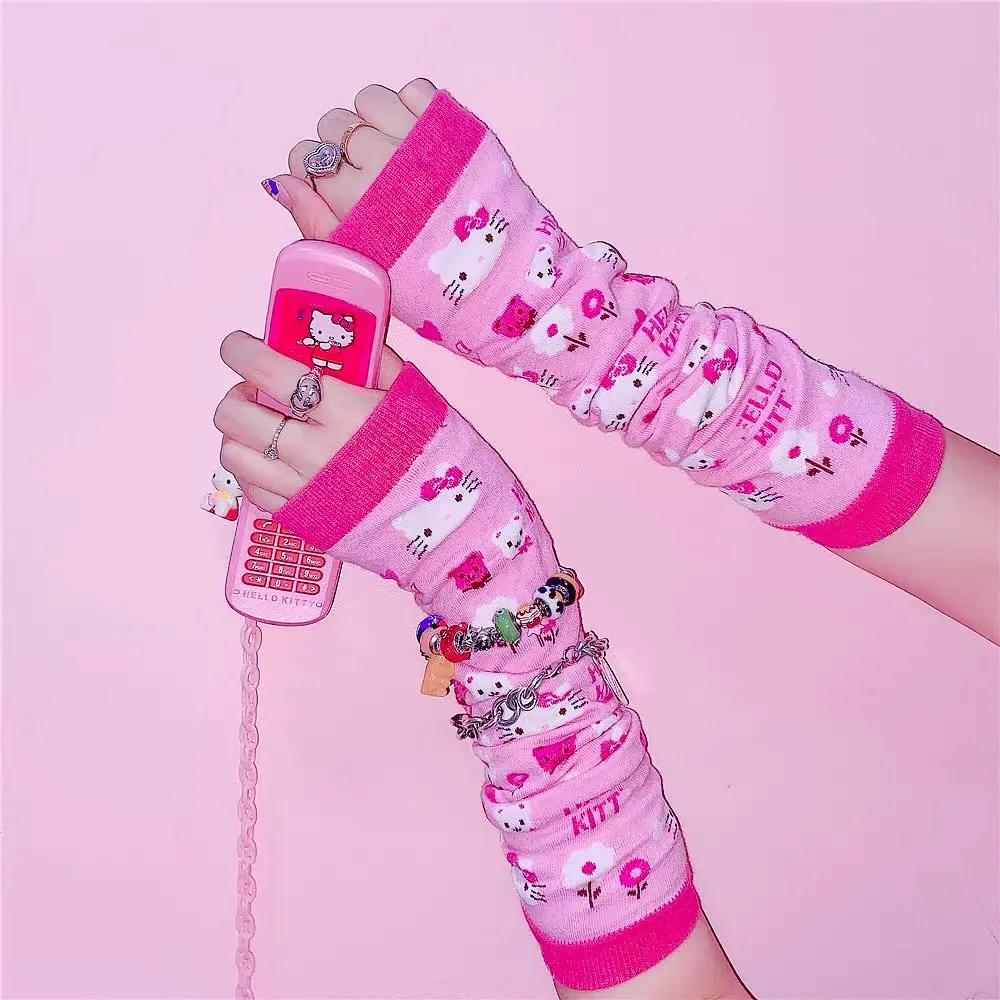 

Pink Arm Sleeves Wrist Cuffs Oversleeves KT Cat Egirl Spice Girls Aesthetic Pink Lolita Steampunk Accessories Cute Gloves