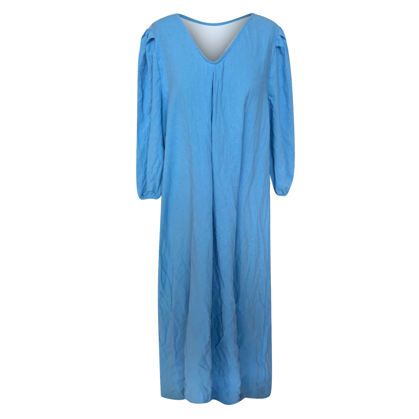 

Summer Fashion Bubble Sleeve Cotton Linen Solid Color V-neck Dress robe femme t 2021 vestidos #234