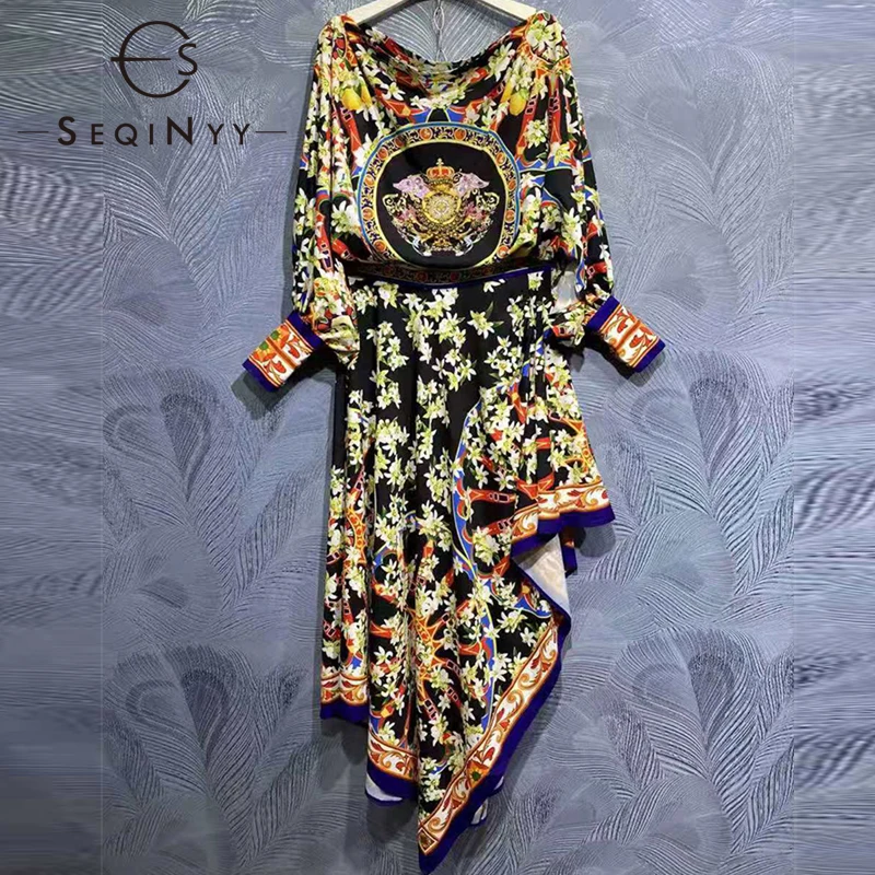 

Женский подиумный комплект SEQINYY, винтажный топ с рукавами-фонариками, кристаллами и асимметричная юбка миди в сицилийском стиле с цветочным...