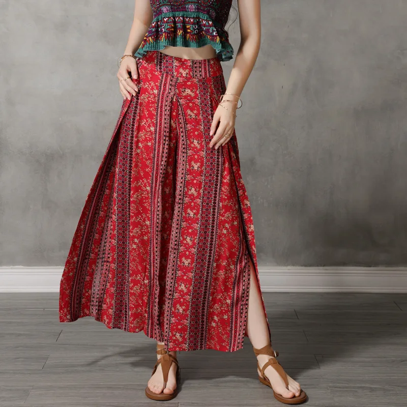 

Women's 2020 Summer New Bohemian Style Cotton and Linen Printed Wide Leg Pants Retro Fashion Split Loose Casual Slim Pants