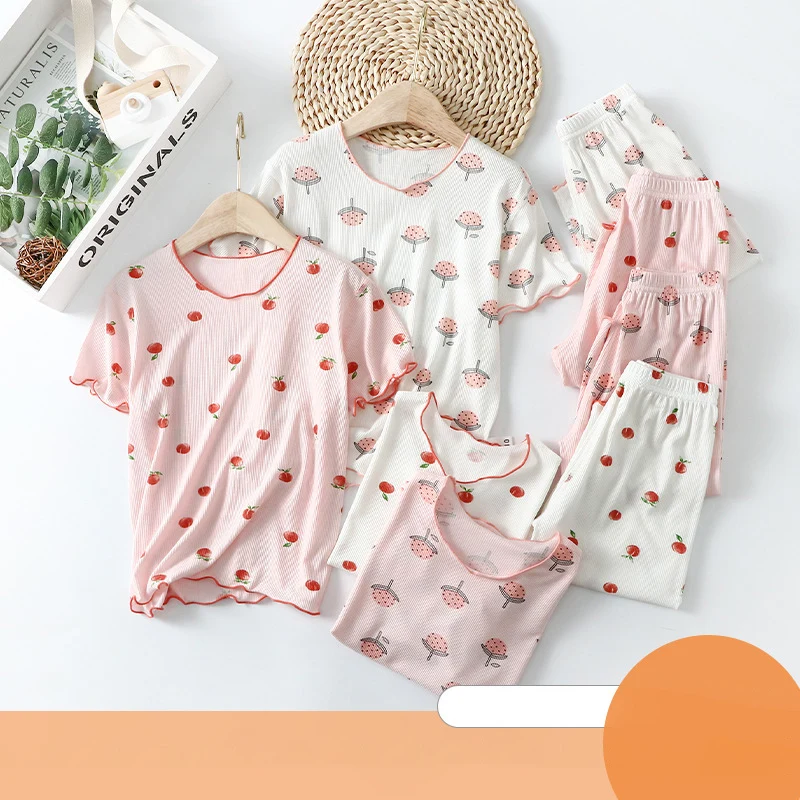 

Sweet Cartoon summer modal kids pajamas sets girls Short sleeve Middle pants child sleepwear round soft simple children homewear