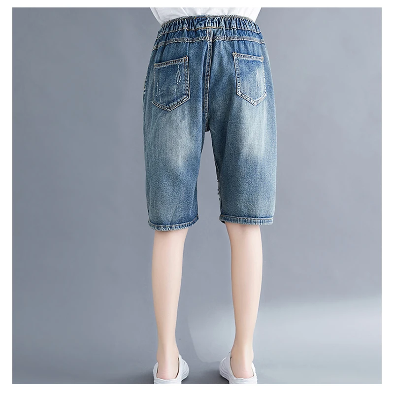 

6877 Summer Women Denim Shorts Straight Half-Length Plants Embroidery Hole Bleached Elegant Fashion Drawstring Elastic Waist