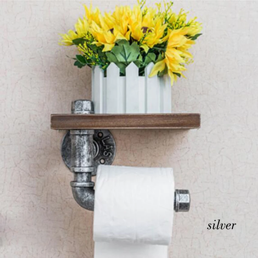 

Urban Industrial Wall Mount Wood Storage Shelf Iron Pipe Toilet Paper Holder Roller Restaurant Restroom Bathroom Decoration