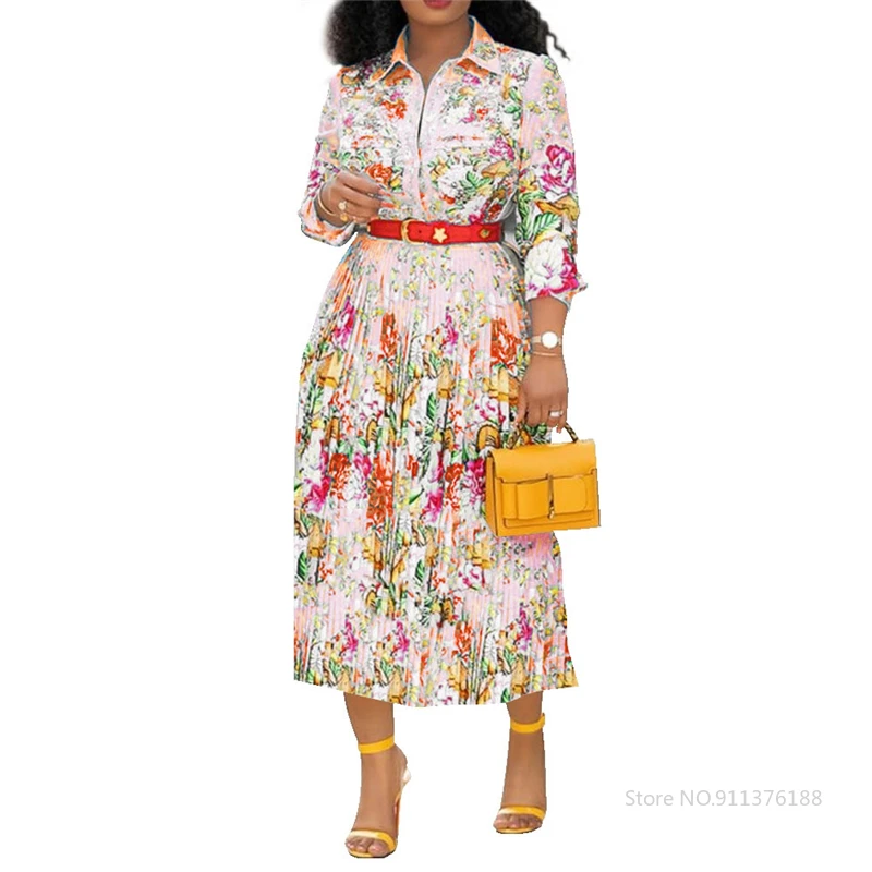 

Autumn Womens Long Dresses Casual TurnDown Collar High Waist Ladies Office Shirt Dress Sexy Pleated Dress Wholesale Dropshipping