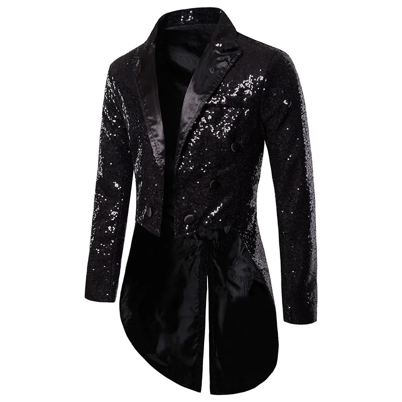 

Gold Sequin Tailcoat Blazer Men Double Breasted Glitter Mens Suit Jackets Latest Coat Design Swallowtail Stage Costume Homme XXL
