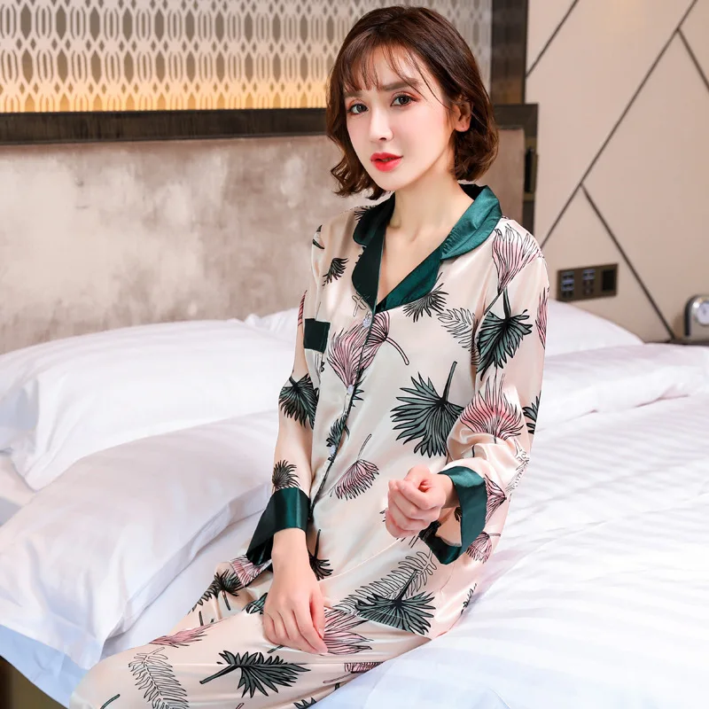 Women's Suit Silk Satin Pajamas Set Long Sleeve Trouser Suits Button-Down Sleepwear Loungewear Pyjamas